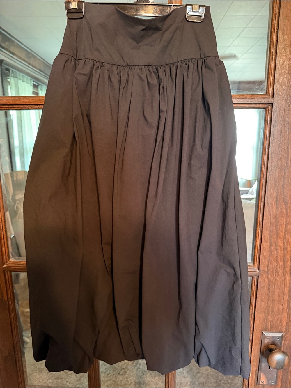High-Waist Black A-Line Gathered Midi Skirt